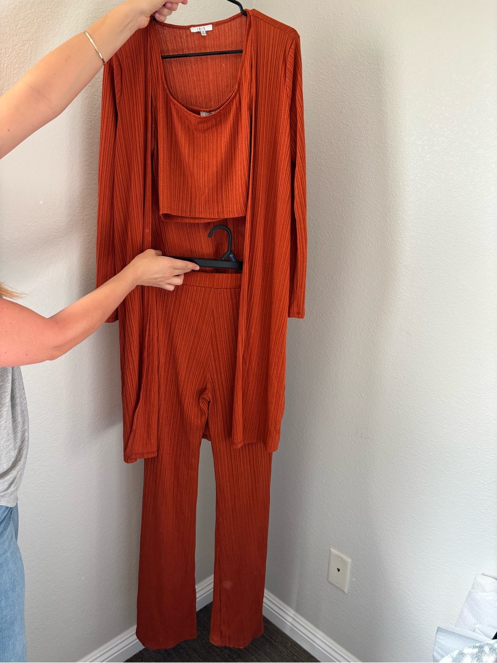 Three-Piece Ribbed Jumpsuit Set - Rust